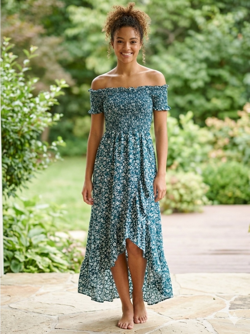 Francesca's Collections Teal Floral One-Shoulder Maxi Dress